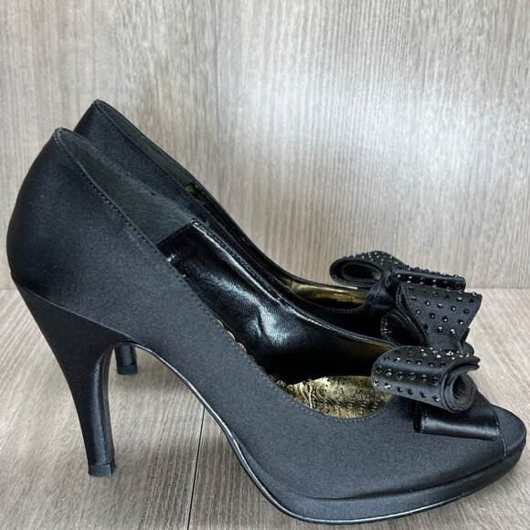 J.Renee Shoes Womens Sz 7 Gabriele Peep Toe High Heel Platform Pumps Satin Black - Picture 1 of 8